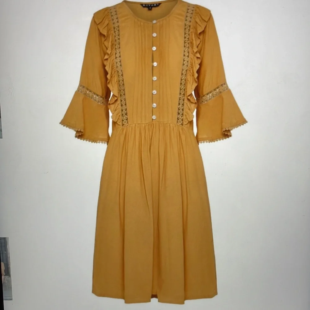 Kivari honey baby doll dress mustard, short sleeve, button front sz Medium - Picture 2 of 9